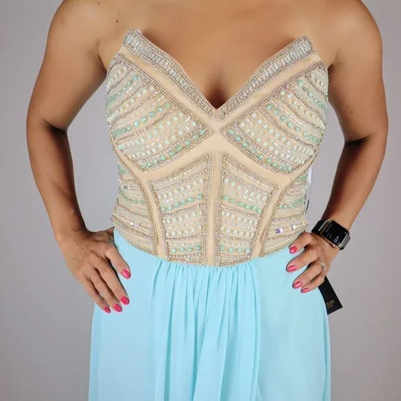 NWT Terani Couture Strapless Blue Gold Jeweled Formal Gown $495